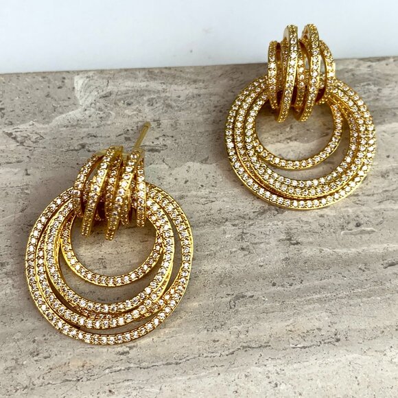 NEW~ Anthropologie Shashi Roux Gold & Cubic Zirconia Door Knocker Earrings - Picture 4 of 12
